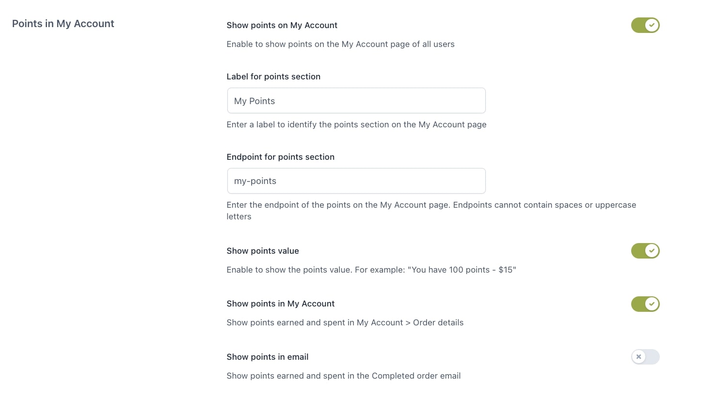 Points in My account page