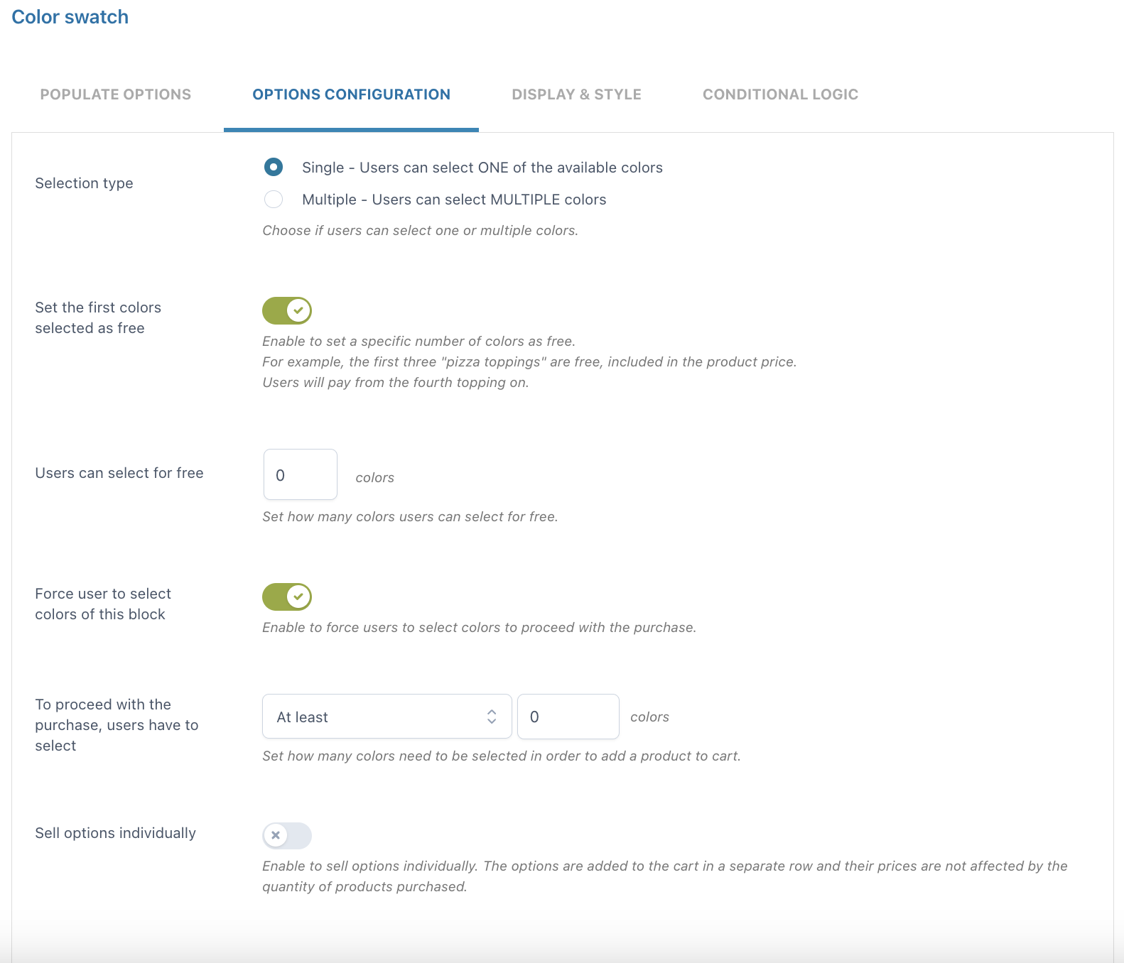 Color swatch configuration options