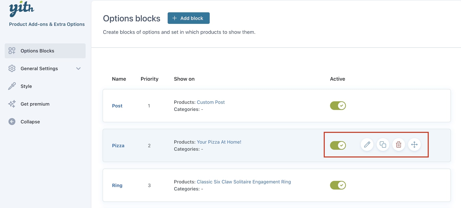 Actions on blocks