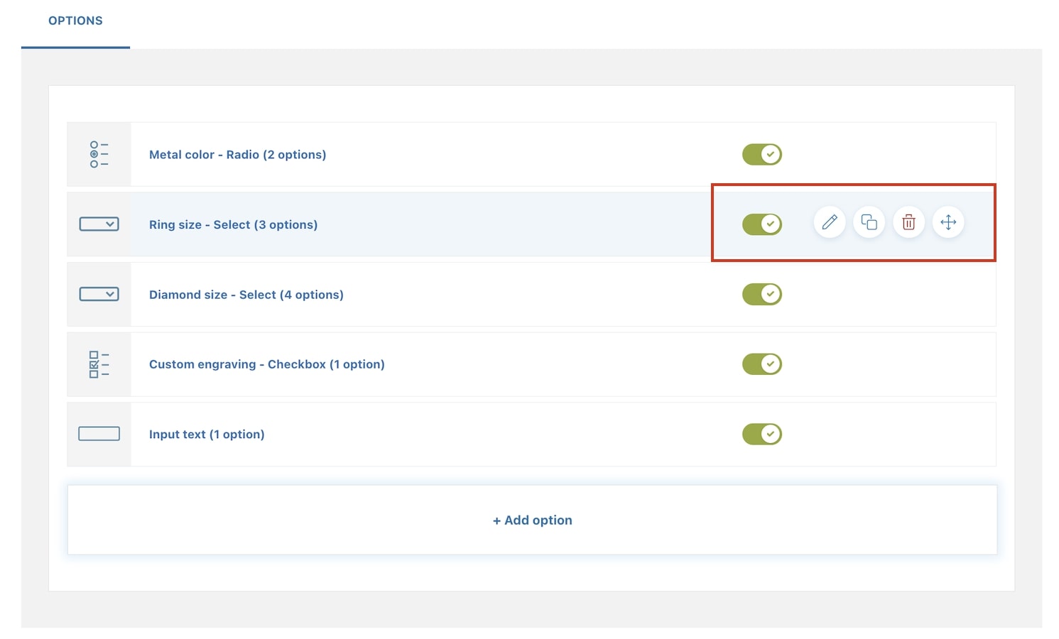 Actions on each options set