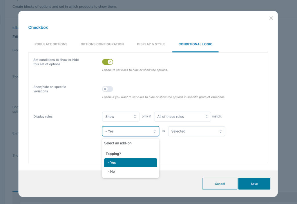 Conditional logic settings 