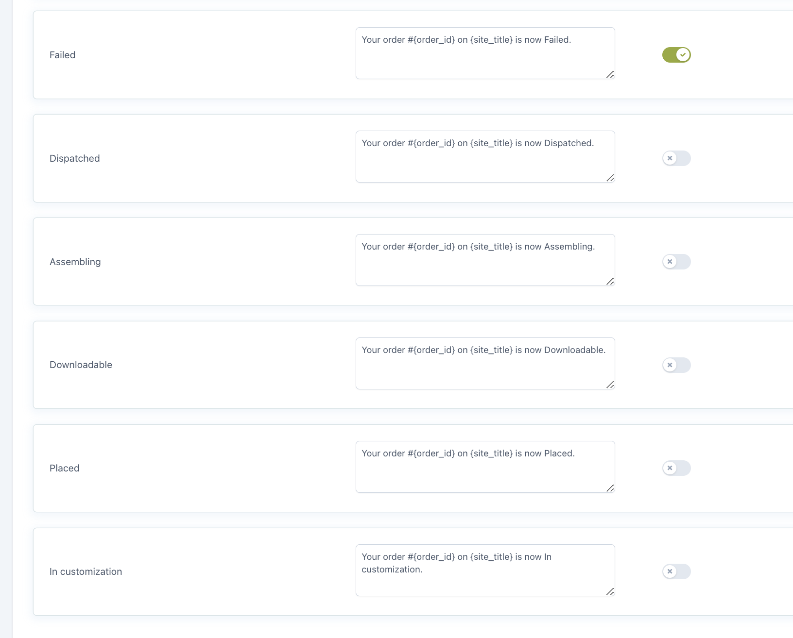SMS setting statuses