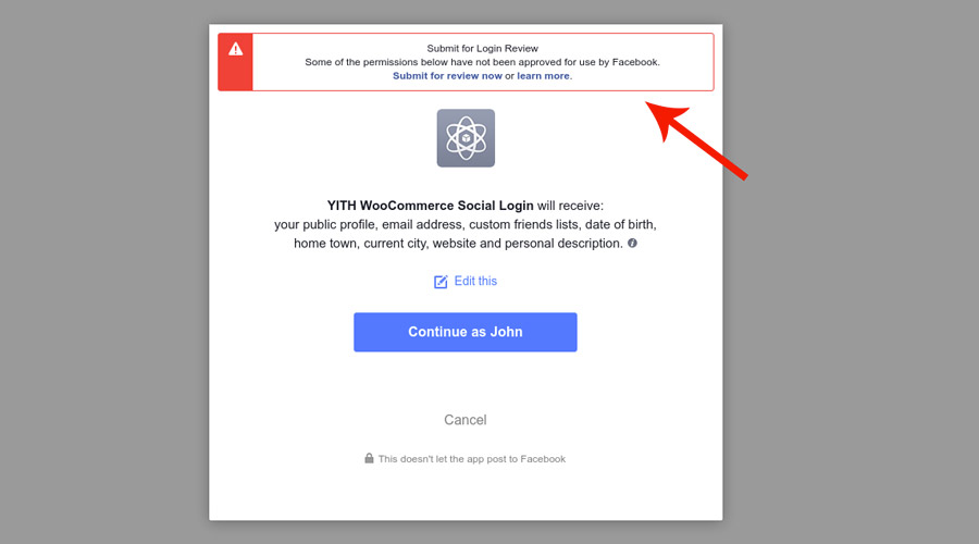 Alert facebook social login