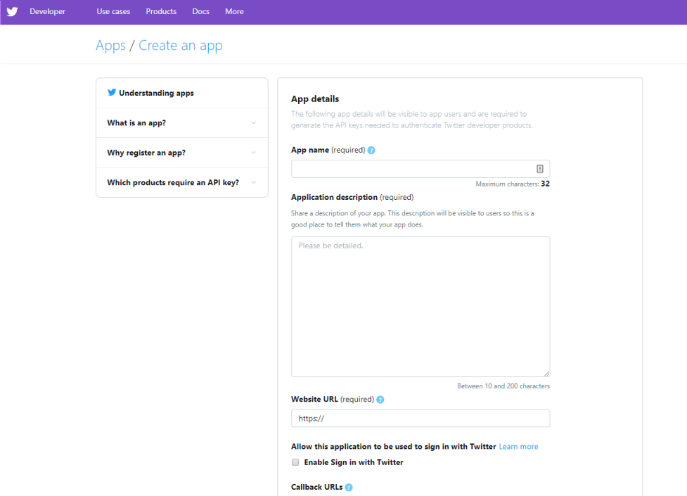 twitter dev settings