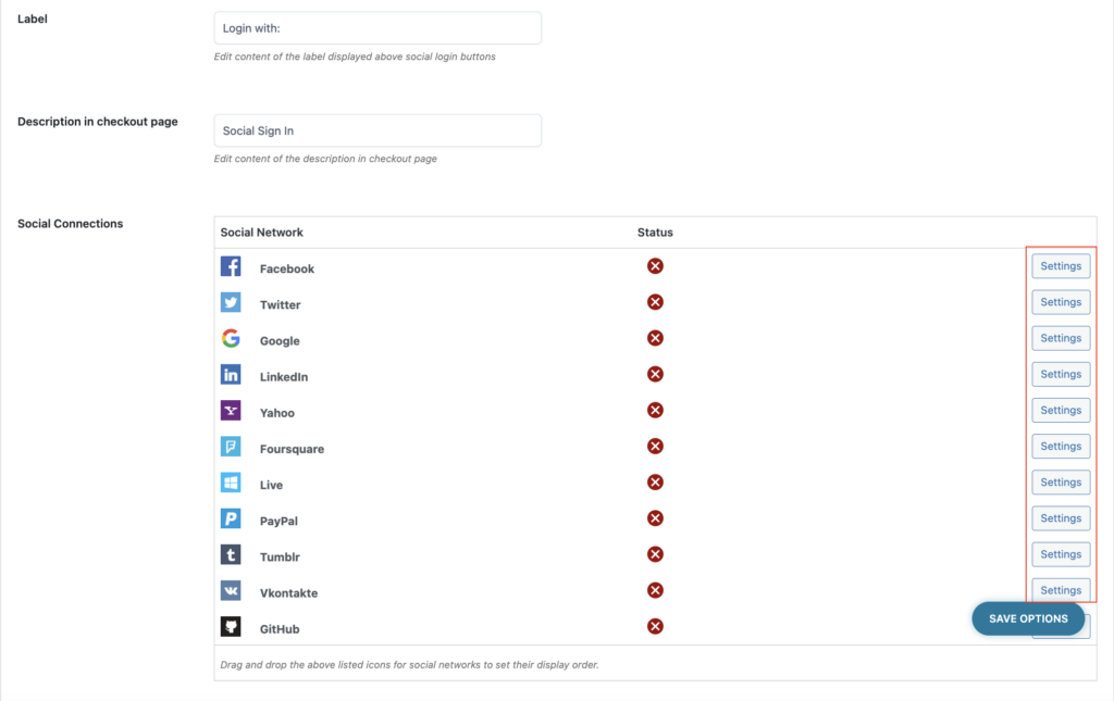 General settings options