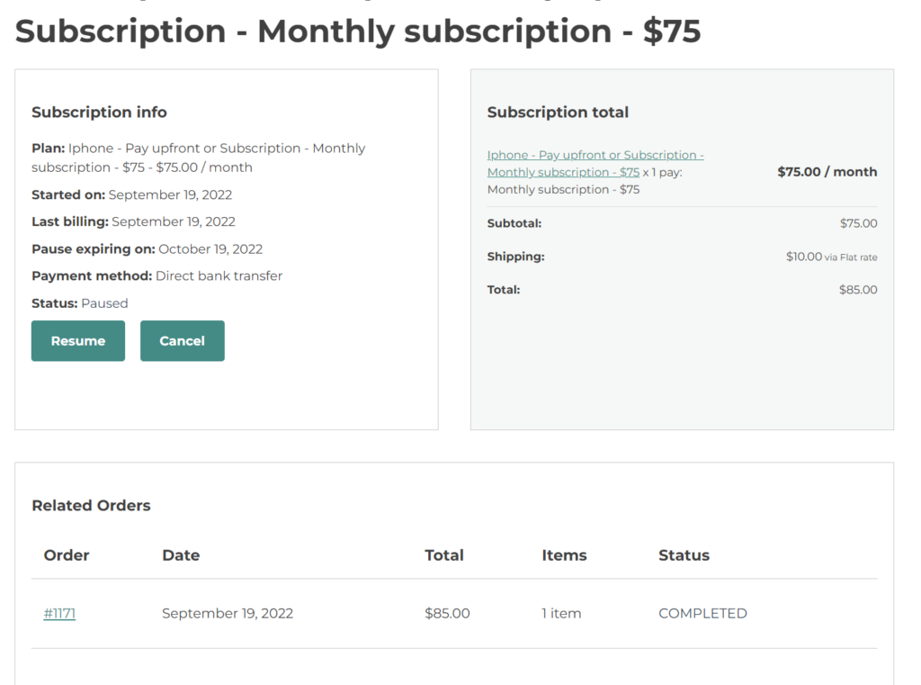 Paused subscription