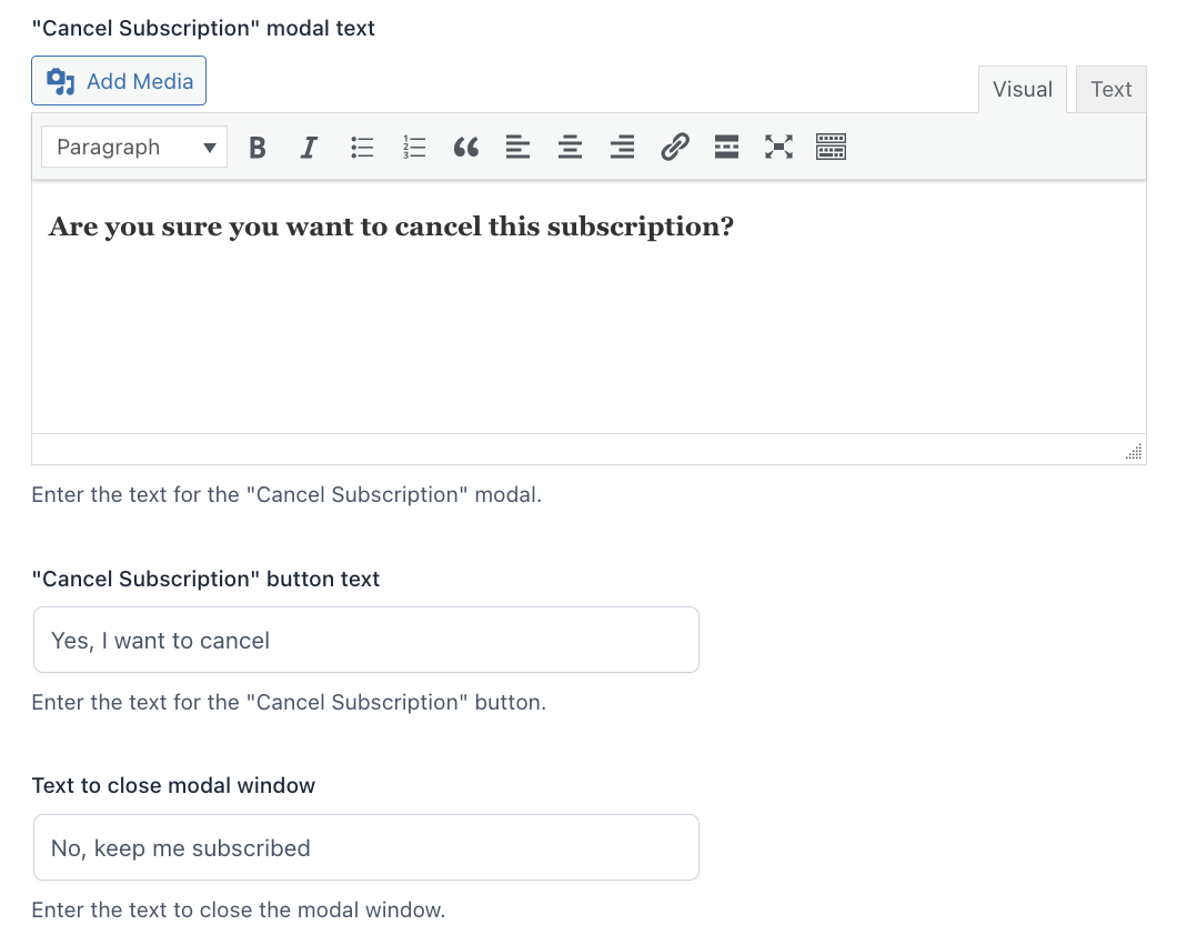 Cancel subscription modal text