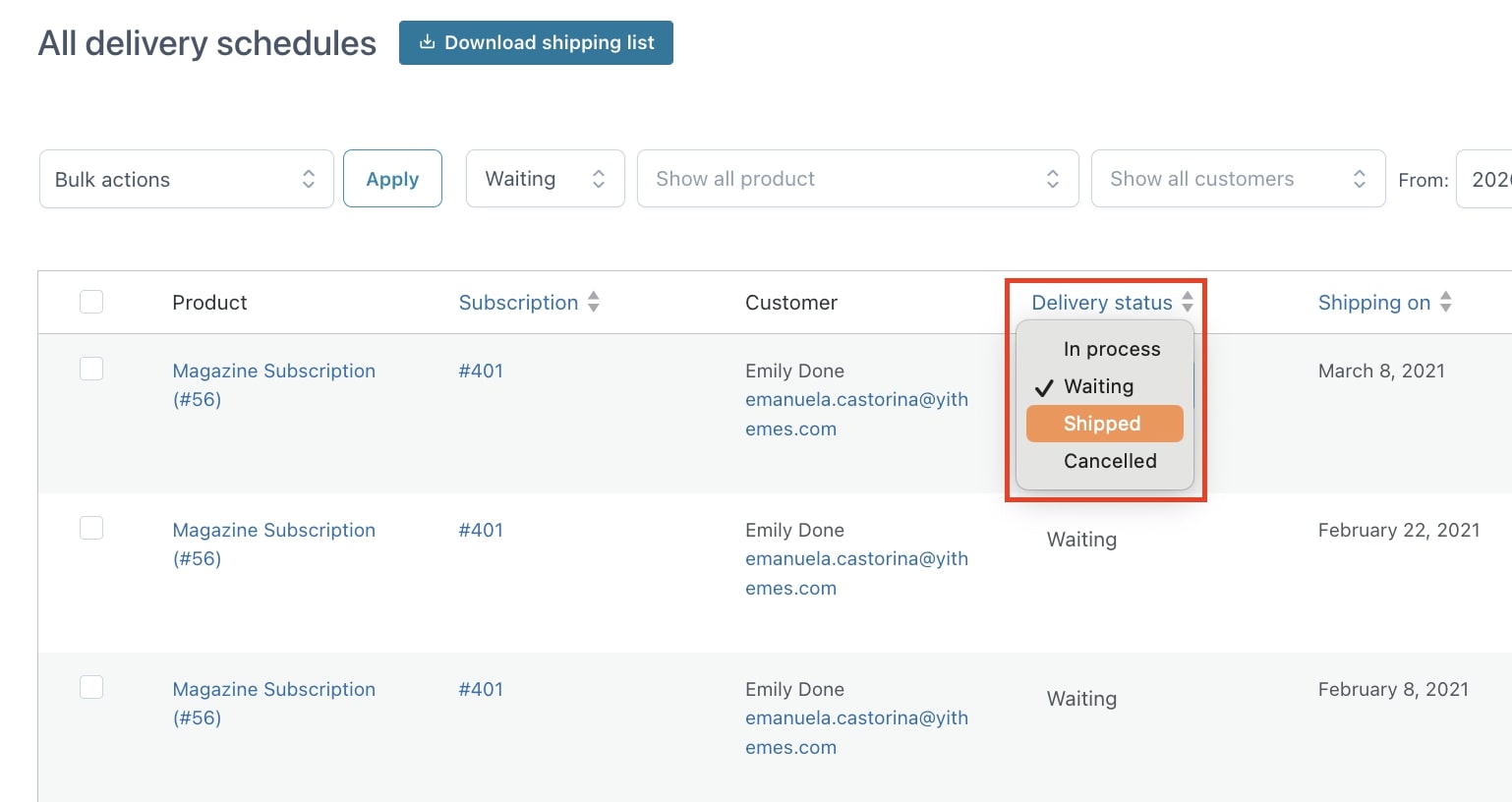 Change delivery status