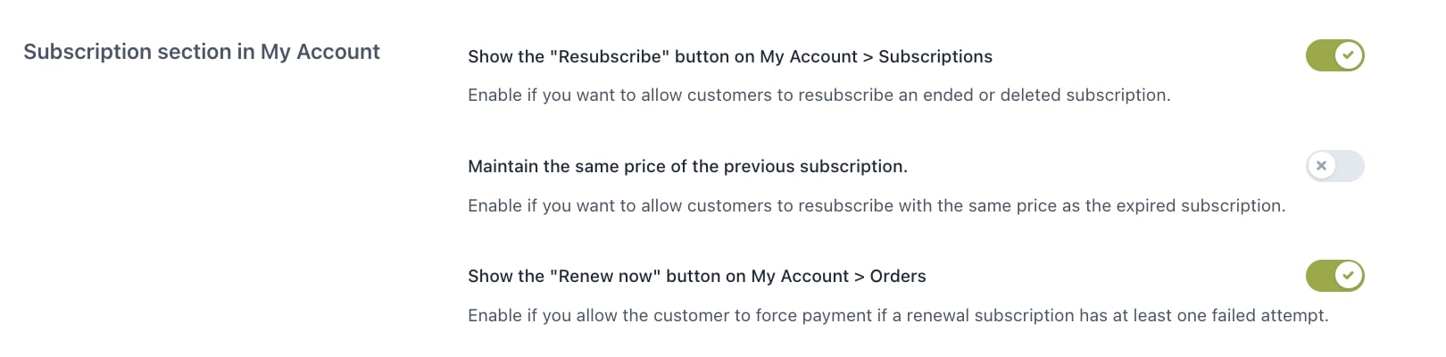 Resubscribe and Renew options