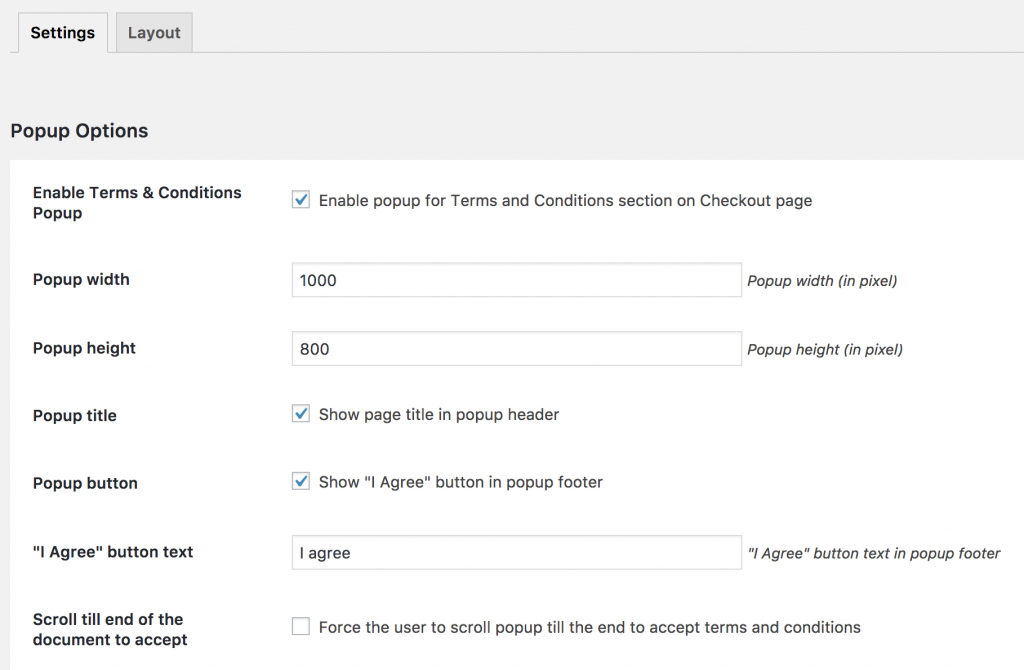 Enable terms and conditions popup