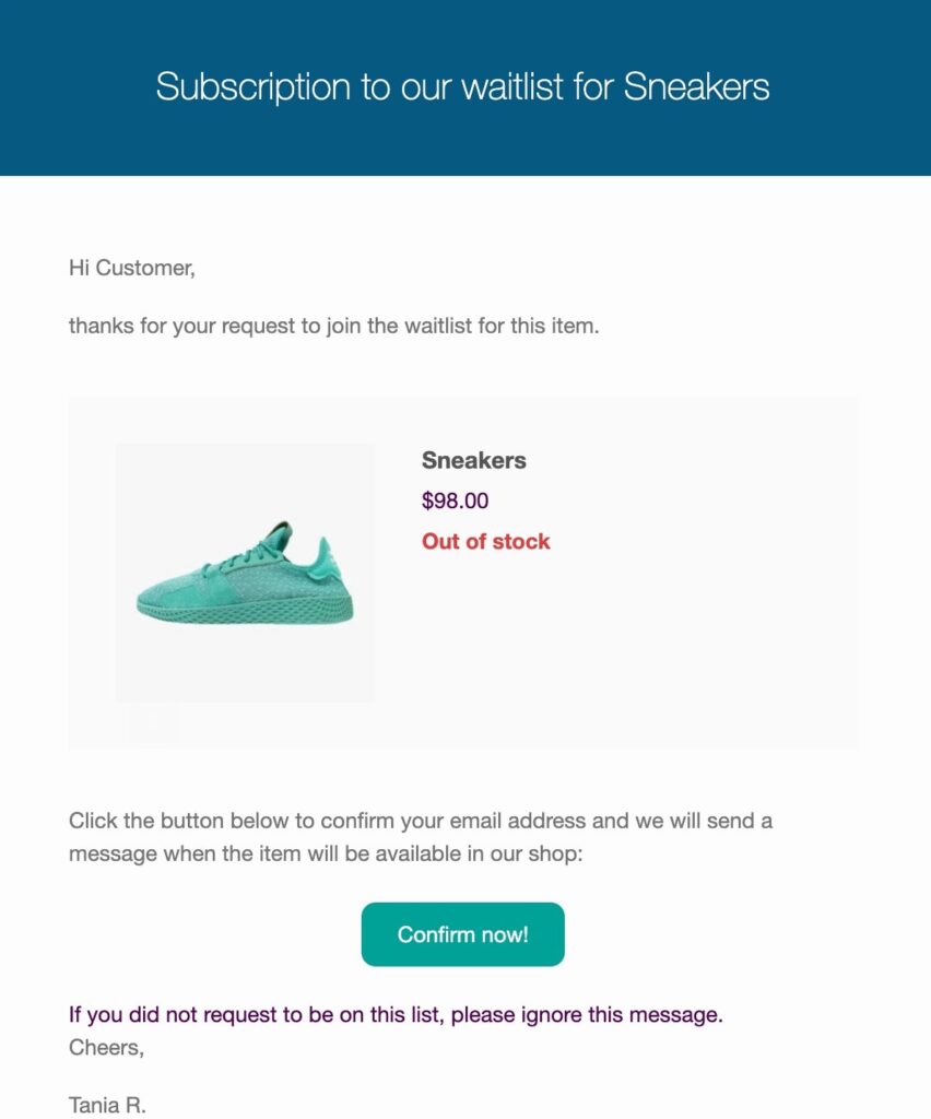 Subscription confirmation email sample